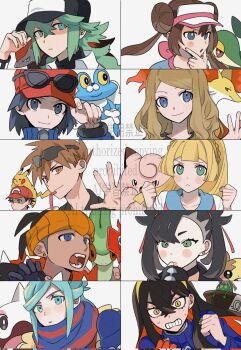 5boys 5girls asymmetrical_bangs baseball_cap black_hair blonde_hair blue_eyes blue_jacket blue_oak bracelet braid brown_hair calem_(pokemon) carmine_(pokemon) cetoddle child clefairy clenched_hands clenched_teeth commentary_request delphox double_bun earrings eyelashes eyewear_on_head eyewear_on_headwear flygon froakie gen_1_pokemon gen_3_pokemon gen_5_pokemon gen_6_pokemon gen_8_pokemon gloves green_eyes green_hair grusha_(pokemon) hair_between_eyes hair_bun hair_ribbon hand_on_own_chin hand_up hands_up hat headband highres jacket jewelry lillie_(pokemon) long_hair long_sleeves marnie_(pokemon) momotose_(hzuu_xh4) morpeko morpeko_(full) multiple_boys multiple_girls n_(pokemon) nintendo open_mouth orange_headband parted_bangs partially_fingerless_gloves pikachu pokemon pokemon_(creature) pokemon_bw pokemon_bw2 pokemon_sm pokemon_sv pokemon_swsh pokemon_xy raihan_(pokemon) ribbon rosa_(pokemon) scarf serena_(pokemon) shirt short_hair sinistcha snivy striped_clothes striped_scarf stroking_own_chin sunglasses sweat teeth twintails undershirt watermark white_shirt yellow_eyes zoroark