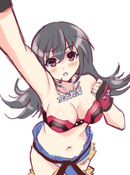 blue_pants breasts choujigen_game_neptune cleavage fingerless_gloves gloves grey_hair highres jewelry kow_(kow0117) long_hair martial_arts_belt medium_breasts navel necklace neptune_(series) pants red_eyes red_gloves strapless_sports_bra tekken_(neptunia) torn_clothes torn_pants