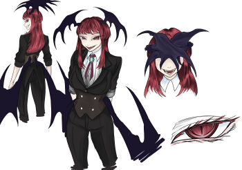 1girl absurdres arms_behind_back black_jacket black_pants black_vest collared_shirt corset eyamigusa8823 head_wings highres jacket koakuma long_hair long_sleeves low_wings neck_ribbon open_mouth pants red_corset red_eyes red_hair red_ribbon ribbon sharp_teeth shirt simple_background sleeves_rolled_up slit_pupils teeth touhou vest white_background white_shirt wings