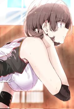 Rule 34 | 1girl, armpits, bare shoulders, bob cut, breasts, brown hair, closed mouth, commentary request, elbow pads, from side, hand in own hair, hanging breasts, highres, leaning forward, medium breasts, multicolored eyes, nyoijizai, original, red eyes, short hair, solo, sportswear, sweat, upper body
