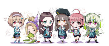 Rule 34 | 6+girls, absurdres, ahoge, black hair, blue eyes, brown hair, chibi, chibi only, commentary request, crescent, green hair, hairband, heaven burns red, highres, incredibly absurdres, joedan yunari, multiple girls, ooshima ichiko, ooshima isuzu, ooshima minori, ooshima muua, ooshima niina, ooshima yotsuha, pink eyes, pink hair, purple eyes, red eyes, team 31e (heaven burns red)