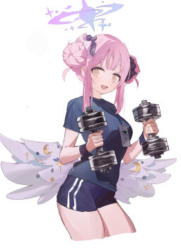 1girl absurdres alternate_costume blue_archive blue_shirt blue_shorts breasts commentary cropped_legs double_bun dumbbell feathered_wings gym_uniform hair_bun halo highres holding holding_dumbbell lirn looking_at_viewer low_wings medium_breasts mika_(blue_archive) open_mouth pink_hair pink_halo shirt short_sleeves shorts sidelocks simple_background solo sweatdrop white_background white_wings wings yellow_eyes