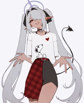 1girl anemoneeanemone black_choker blue_archive choker cowboy_shot dark-skinned_female dark_skin demon_tail grey_background grey_hair hair_over_one_eye halo head_tilt heart highres iori_(blue_archive) long_hair long_pointy_ears looking_at_viewer one_eye_covered parted_lips peanuts_(comic) plaid_clothes plaid_skirt pointy_ears purple_halo red_eyes red_lips shirt simple_background skirt smile snoopy solo tail twintails very_long_hair white_shirt