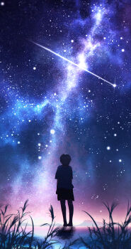1other absurdres ambiguous_gender commentary_request full_body highres milky_way natsuyu_3 night night_sky original shirt shooting_star short_hair short_sleeves shorts sky sky_focus standing star_(sky) starry_sky t-shirt