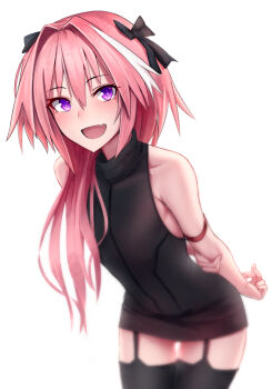 1boy :p alternate_costume arms_behind_back astolfo_(fate) dress fang fate/grand_order fate_(series) hair_intakes hair_ribbon high_collar ikemeru19 looking_at_viewer male_focus multicolored_hair pink_hair purple_eyes ribbon short_dress simple_background sleeveless smile suspenders tagme teeth thighhighs tongue tongue_out trap two-tone_hair white_background