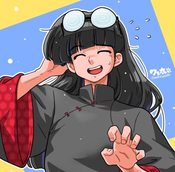 1boy ^_^ arm_behind_head artist_name black_hair chinese_clothes closed_eyes coke-bottle_glasses embarrassed eyewear_on_head flying_sweatdrops glasses honeycomb_(pattern) long_hair male_focus mousse_(ranma_1/2) open_mouth outline ranma_1/2 round_eyewear signature smile solo straight_hair teeth upper_body upper_teeth_only wanta_(futoshi) white_outline