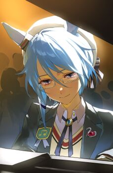 1girl 333takoyaki absurdres animal_ears black_jacket blue_hair closed_mouth collared_shirt commentary_request glasses hair_between_eyes hat highres horse_ears horse_girl instrument jacket k.s.miracle_(autumn_color_andante)_(umamusume) k.s.miracle_(umamusume) music musical_note piano playing_instrument purple_eyes shirt short_hair solo umamusume upper_body white_hat white_shirt