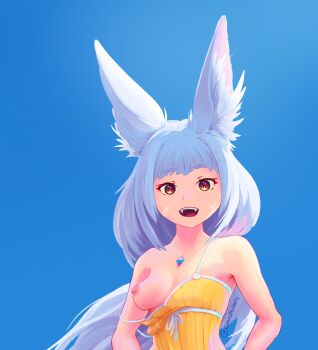 1girl animal_ears blue_background cat_ears chest_jewel facial_mark fangs gormottograph grey_hair long_hair looking_at_viewer low_twintails nia_(blade)_(xenoblade) nia_(fancy_sundress)_(xenoblade) nia_(xenoblade) nipples official_alternate_costume one_breast_out open_mouth smile solo strap_slip twintails upper_body very_long_ears very_long_hair whisker_markings xenoblade_chronicles_(series) xenoblade_chronicles_2
