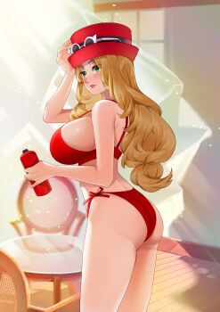 1girl absurdres ass blonde_hair blush bra breasts cleavage eyewear_on_headwear female_focus green_eyes hat highleg highres indoors large_breasts lingerie lips lipstick long_hair makeup nintendo panties pokemon pokemon_xy ponytail porkpie_hat red_bra red_hat red_panties serena_(pokemon) side-tie_panties sideboob solo source_request sumisumii sunglasses tagme thighs underwear white-framed_eyewear