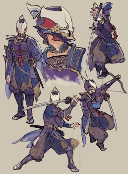 1boy aiming armor blue_shirt bow_(weapon) breastplate brown_background brown_pants capelet carolyn_gan commentary commentary_request covered_face dancing english_commentary facing_viewer fighting_stance full_body helmet highres holding holding_bow_(weapon) holding_sword holding_weapon japanese_armor japanese_clothes katana kunitsu-gami:_path_of_the_goddess male_focus mixed-language_commentary multiple_views neck_armor pants see-through_capelet see-through_clothes shirt shoulder_armor side_cape simple_background sode soh_(kunitsu-gami) standing standing_on_one_leg sword weapon