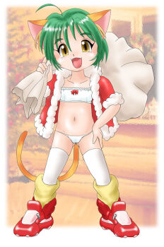 2004 :d ahoge animal_ears blush boots bow bowtie cat_ears cat_girl cat_tail coat collarbone fangs flat_chest from_front full_body fur_collar fur_trim green_hair holding holding_sack legs_apart loli looking_at_viewer lowleg lowleg_panties navel open_clothes open_coat open_mouth panties sack santa_costume short_hair smile sonnano_ari standing string_panties tagme tail thighhighs tongue underwear white_panties yellow_eyes