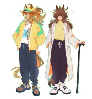 2girls absurdres adapted_costume aged_up agnes_tachyon_(tach-nology)_(umamusume) agnes_tachyon_(umamusume) ahoge alternate_hair_length alternate_hairstyle animal_ears artist_name black_pants black_shoes blue_pants blue_shirt brown_hair calamity_brezze cane closed_mouth coat commentary drawstring earrings ears_through_headwear english_commentary full_body hand_in_pocket hands_in_pockets hat highres holding holding_cane horse_ears horse_girl horse_tail huge_ahoge jewelry jungle_pocket_(umamusume) lab_coat long_hair long_sleeves looking_at_viewer multiple_girls necklace pants red_eyes shirt shoes signature simple_background single_earring smile standing star_(symbol) star_print sweater tail two-tone_shirt umamusume white_background white_coat white_shirt white_shoes yellow_hat yellow_sweater