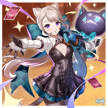 1girl :o absurdres animal_ear_fluff animal_ears aqua_bow black_dress border bow breasts card cat_ears cat_tail chinese_commentary cleavage_cutout clothing_cutout commentary_request cowboy_shot dress facial_mark genshin_impact grey_hair highres juliet_sleeves long_hair long_sleeves looking_at_viewer lynette_(genshin_impact) microdress official_art pantyhose parted_lips pleated_skirt puffy_sleeves purple_eyes reaching reaching_towards_viewer shirt skirt small_breasts solo standing star_(symbol) tail very_long_hair white_border white_shirt