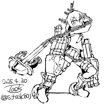 1girl anchor artist_logo chain dated full_body ikazuchi_(kancolle) kantai_collection lineart logo long_sleeves machinery neckerchief one-hour_drawing_challenge pleated_skirt pulling school_uniform serafuku short_hair skirt solo task_(s_task80) torpedo_launcher twitter_username