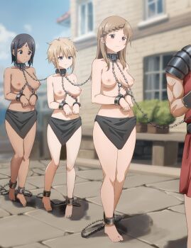 absurdres barefoot black_eyes black_hair blonde_hair blue_eyes braid breasts brown_eyes brown_hair chain coffle collar cuffs dark-skinned_female dark_skin forced_march forehead_jewel highres keihh large_breasts leash leash_pull leila_(magi) loincloth long_hair magi_the_labyrinth_of_magic nipples outdoors plant sahsa shackles short_hair side_braid slave toya_(magi) walking