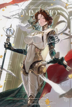 1girl absurdres android autumn_leaves black_skirt black_veil brown_hair closed_mouth commentary_request commission cowboy_shot falling_leaves ginkgo_leaf gold_tiara highres holding holding_scepter joints leaf looking_at_viewer lucy_(reverse:1999) lucy_(the_queen&#039;s_game)_(reverse:1999) mole mole_under_mouth official_alternate_costume outstretched_hand overskirt reverse:1999 robot_girl robot_joints scepter shenhai_yiqian short_hair skirt solo veil watermark yellow_eyes