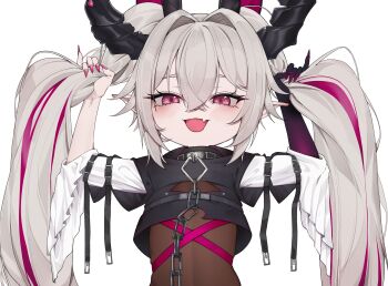 1girl :d absurdres black_horns blush character_request chirpy commentary copyright_request fang fingernails grey_hair hair_between_eyes highres horns long_hair long_sleeves looking_at_viewer multicolored_hair nail_polish open_mouth pink_eyes pink_hair red_nails simple_background skin_fang smile solo twintails two-tone_hair upper_body virtual_youtuber white_background