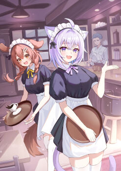 1other 2girls :3 absurdres ahoge androgynous animal_ear_fluff animal_ears apron black_dress bone_hair_ornament braid braided_twintails breasts brown_hair cafe cat_ears cat_girl cat_tail ceiling_light choppy_bangs commentary_request cup dog_ears dog_girl dog_tail double-parted_bangs dress dropping hair_between_eyes hair_ornament hair_over_shoulder hand_up highres holding holding_tray hololive indoors inugami_korone long_hair looking_at_viewer maid_headdress mug multiple_girls neck_ribbon nekomata_okayu open_mouth orange_eyes plate purple_eyes purple_hair purple_ribbon ribbon short_hair short_sleeves spilling standing surprised tail togemaru34 tray virtual_youtuber waist_apron waitress white_apron yellow_ribbon