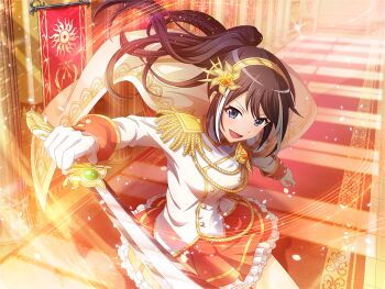 Rule 34 | 1girl, black hair, cape, cutlass, epaulettes, frilled skirt, frills, game cg, gloves, grey eyes, hairband, holding, holding sword, holding weapon, jacket, long hair, long sleeves, looking at viewer, moriyasu kuina, motion lines, multicolored hair, official art, open mouth, ponytail, red skirt, shoujo kageki revue starlight, shoujo kageki revue starlight -re live-, sidelocks, skirt, solo, standing, streaked hair, sword, upper body, v-shaped eyebrows, weapon, white cape, white gloves, white hair, white jacket, yellow hairband