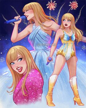 1girl artist_name blonde_hair blue_dress blue_eyes boots dress fireworks high_heel_boots high_heels highres jacket leotard long_hair luztapiaart microphone multicolored_leotard multiple_views open_mouth pink_jacket real_life sequins sleeveless sleeveless_dress taylor_swift teeth watermark