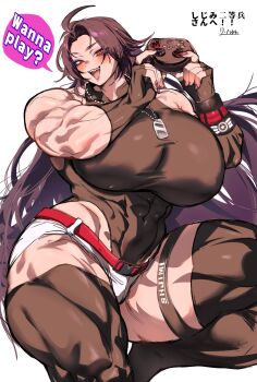 1girl :d ahoge artist_name belt black_gloves black_leotard black_thighhighs breasts buckle character_name colored_speech_bubble commentary_request commission commissioner_name controller covered_abs covered_navel curtained_hair dog_tags english_text fang fingerless_gloves game_controller gloves hands_up highres holding holding_controller holding_game_controller huge_breasts impossible_clothes impossible_leotard indie_virtual_youtuber leotard lihayato long_hair looking_at_viewer micro_shorts multi-source_commentary muscular muscular_female open_mouth parted_bangs purple_hair red_belt red_eyes shijimi_nitouhei_(vtuber) shorts simple_background skeb_commission smile snap-fit_buckle solo speech_bubble thigh_strap thighhighs very_long_hair white_background white_shorts