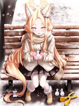 1girl :3 :d absurdres alternate_costume animal_ear_fluff animal_ears bench black_skirt blonde_hair blue_archive blush boots bow breath bright_pupils brown_coat brown_scarf coat commentary_request day enpera extra_ears flower_wreath forehead fox_ears fox_girl fox_tail fringe_trim full_body fur-trimmed_boots fur_trim halo head_wreath highres holding knees_together_feet_apart kuma_piv long_hair long_sleeves looking_at_viewer miniskirt mittens multicolored_eyes open_mouth outdoors park_bench parted_bangs pink_eyes pink_mittens pleated_skirt scarf seia_(blue_archive) sidelocks sitting skirt slit_pupils smile snow snow_bird snowing solo tail tail_bow tail_ornament tree two-tone_eyes very_long_hair white_bow white_pupils wide_sleeves winter winter_clothes yellow_boots yellow_eyes yellow_halo