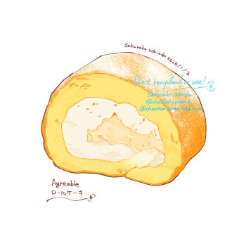 artist_name bluesky_username cake commentary_request dated diamond_(shape) food food_focus highres no_humans original powdered_sugar signature simple_background soramaru_ell sparkle swiss_roll translation_request twitter_username watermark white_background