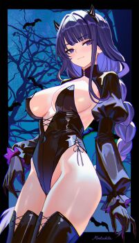 1girl absurdres ass bodysuit breasts genshin_impact gloves hair_ornament halloween highres huge_ass large_breasts latex latex_bodysuit latex_gloves long_hair looking_at_viewer moetsukita pale_skin purple_eyes purple_hair raiden_shogun smug