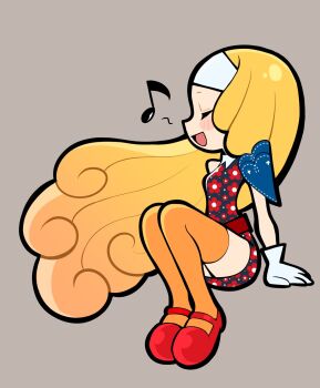 Rule 34 | 1girl, blonde hair, chibi, chibi only, commentary, dress, floral print, gloves, gradient hair, grey background, hairband, highres, invisible chair, junah (metaphor: refantazio), koyuki0125k, long hair, metaphor: refantazio, multicolored hair, music, musical note, orange eyes, orange thighhighs, profile, red shoes, shoes, simple background, singing, sitting, solo, thighhighs, very long hair, white gloves, white hairband