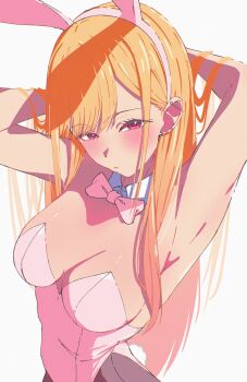 1girl absurdres animal_ear_hairband animal_ears arm_behind_head arm_up armpits arms_behind_head arms_up barbell_piercing bare_shoulders blonde_hair blush bow bowtie breasts cleavage collarbone commentary_request detached_collar ear_piercing earrings eyelashes fake_animal_ears fake_tail ganetto29 gyaru hairband highleg highleg_leotard highres industrial_piercing jewelry kitagawa_marin large_breasts leotard long_hair looking_at_viewer pantyhose piercing pink_bow pink_bowtie pink_leotard playboy_bunny presenting_armpit rabbit_ear_hairband rabbit_ears rabbit_tail red_eyes simple_background solo sono_bisque_doll_wa_koi_wo_suru strapless strapless_leotard tail upper_body white_background