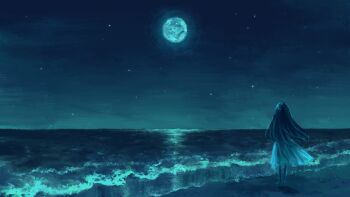 1girl beach commentary_request commission from_behind full_body full_moon horizon long_hair moon night night_sky ocean original outdoors port_(portzzz) scenery skirt sky solo standing star_(sky)