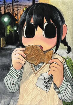 1girl black_eyes black_hair braid commentary dusk eating empty_eyes explosion_psycho food haguruma_hasami_(explosion_psycho) highres holding holding_food lamp looking_at_viewer open_mouth original shirt sidelocks solo striped_clothes striped_shirt sweater_vest taiyaki twin_braids utility_pole wagashi