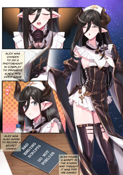 1boy absurdres artistic_error black_hair blue_eyes book boots closed_eyes commentary crossdressing crossdressing_(mtf) detached_sleeves english_commentary english_text gloves half_gloves hand_on_own_chest hiememiko highres holding holding_book horns long_hair original own_hands_clasped own_hands_together pelvic_curtain pointy_ears second-party_source thigh_boots trap very_long_hair wide_sleeves