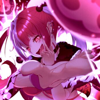 Rule 34 | 1girl, absurdres, bra, breasts, choker, commentary request, explosion, fate/grand order, fate (series), fur collar, hair bobbles, hair ornament, highres, jacket, large breasts, long hair, long sleeves, looking at viewer, matsunaga hisahide (fate), multicolored hair, mutai4649, open mouth, outstretched arm, red bra, red eyes, red hair, red jacket, smile, solo, sparkle, split-color hair, twintails, underwear, white hair, white sleeves, wide sleeves