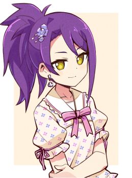 Rule 34 | 1girl, border, bow, bowtie, breasts, closed mouth, earrings, film grain, floral print, floral print shirt, flower, flower earrings, hair flower, hair ornament, haiteku, hand on own arm, highres, jewelry, looking at viewer, medium hair, parted bangs, pink bow, pink bowtie, pink ribbon, pretty series, print shirt, pripara, puffy short sleeves, puffy sleeves, purple flower, purple hair, ribbon, shirt, short sleeves, side ponytail, sleeve ribbon, small breasts, smile, solo, toudou shion, upper body, white border, yellow background, yellow eyes, yellow shirt