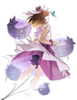 1girl blue_butterfly blue_eyes blueberry bow brown_hair bug butterfly feet_out_of_frame flutterpage food frilled_shirt frills from_side fruit hair_bow highres insect ling_(chaaaaanhikari) looking_at_animal medium_skirt official_alternate_costume oversized_food oversized_object profile puffy_shorts purple_bow purple_shorts purple_skirt reverse:1999 shirt short_hair shorts shorts_under_skirt skirt sleeveless sleeveless_shirt solo white_background white_shirt