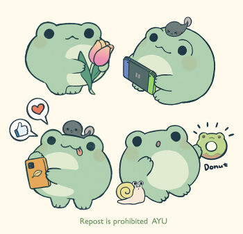 Rule 34 | :3, :o, :p, animal, animal focus, animal on head, artist name, ayu (mog), cellphone, closed mouth, commentary, donut, english commentary, flower, food, frog, handheld game console, heart, holding, holding donut, holding flower, holding food, holding handheld game console, holding phone, nintendo switch, no humans, notice lines, on head, open mouth, original, phone, pink flower, pink tulip, simple background, smartphone, snail, spoken heart, spoken thumbs up, tadpole, tongue, tongue out, tulip, watermark, white background