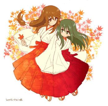 Rule 34 | 10s, 2girls, autumn leaves, blush, brown eyes, brown hair, green eyes, green hair, hair tubes, hakama, hakama skirt, japanese clothes, leaf, long hair, long sleeves, low-tied long hair, miko, minashiro orihime, multiple girls, red hakama, sakaki tsui, sidelocks, skirt, smile, soukyuu no fafner, tatekami seri, wide sleeves