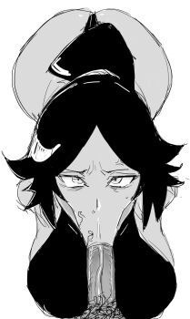 1boy 1girl bleach fellatio haittel highres looking_at_viewer monochrome oral