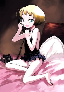 1girl antique_phone barefoot black_camisole blonde_hair blue_eyes camisole commentary_request flat_chest loli looking_at_viewer nipple_slip nipples on_bed original phone rotary_phone sasahara_yuuki short_hair sketch smile solo