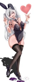 1girl absurdres ace_(playing_card) ace_of_hearts ace_of_spades alternate_costume animal_ears azur_lane banpen bare_shoulders between_breasts black_leotard black_necktie black_shoes black_streaks black_thighhighs breasts card cleavage commentary covered_navel detached_collar elbe_(azur_lane) fake_animal_ears full_body grey_hair heart high_heels highres large_breasts leotard long_hair looking_at_viewer necktie necktie_between_breasts open_mouth playboy_bunny playing_card rabbit_ears shoes side-tie_leotard simple_background solo spade_(shape) strapless strapless_leotard thighhighs white_background white_wrist_cuffs wrist_cuffs