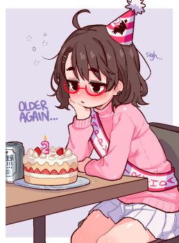1girl artist_self-insert beer_can birthday_cake birthday_sash black_eyes blush border breasts brown_hair cake can candle closed_mouth drink_can ear_piercing english_text female_focus food glasses grey_background happy_birthday hat long_sleeves medium_hair miniskirt original outside_border party_hat piercing pink_sweater pleated_skirt ponchii pongldr red-framed_eyewear semi-rimless_eyewear simple_background sitting skirt small_breasts solo sweater table under-rim_eyewear white_border white_skirt