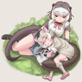 2girls :3 animal_ears bike_shorts bike_shorts_under_shorts blush bow bowtie brown_eyes brown_shirt brown_shorts brown_socks closed_eyes coat dolphin_shorts dormouse_(kemono_friends) frilled_coat frills fur_trim grey_coat height_difference highres kemono_friends kemono_friends_3 leaf leaf_on_head lying mouse_ears mouse_girl mouse_tail multiple_girls north_american_river_otter_(kemono_friends) on_side otter_ears otter_girl otter_tail pillow pink_shoes red_bow red_bowtie shirt shoes short_hair shorts sitting sleeping smile socks tail toriny two-tone_shirt white_fur white_shirt white_socks
