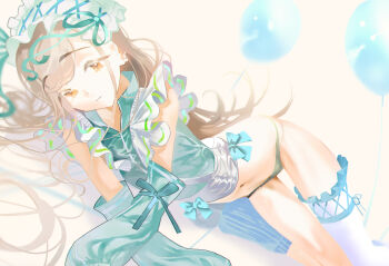 1girl absurdres detached_sleeves flat_chest gakuen_idolmaster grey_hair hair_spread_out highres idolmaster jersey_maid light_smile long_hair looking_at_viewer lying maid maid_headdress navel no_pants on_side orange_eyes panties shinosawa_hiro single_thighhigh solo superhoikoro thigh_gap thighhighs unconventional_maid underwear