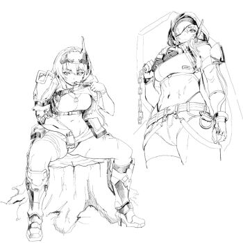2girls armor armored_boots bandaged_stomach bandaged_waist boots breasts broken_mask chain cloak closed_mouth coffin commentary_request dog_tags goddess_of_victory:_nikke grave_(nikke) head-mounted_display highres holding_coffin hood hooded_cloak mask mechanical_arms metal_gloves multiple_girls multiple_scars navel one_eye_covered scar scar_on_leg scar_on_stomach scar_on_thigh simple_background single_mechanical_arm sitting snow_white_(heavy_arms)_(nikke) snow_white_(nikke) torn_cloak torn_clothes utsuke_(u_tuk_e) white_background