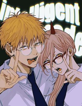 1boy 1girl adjusting_eyewear black_background black_necktie blonde_hair chainsaw_man collared_shirt commentary_request demon_horns denji_(chainsaw_man) glasses hair_between_eyes hand_up heads_together hetero highres horns index_finger_raised long_bangs long_hair long_hair_between_eyes looking_at_viewer low_ponytail namida_a2 necktie open_mouth orange_eyes pink_hair ponytail power_(chainsaw_man) sanpaku sharp_teeth shirt short_eyebrows short_hair straight_hair teeth text_background tongue tongue_out upper_body white_shirt yellow_eyes