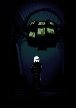 1girl atmospheric_perspective black_coat blue_eyes blue_theme buttons cable coat dark dark_background dark_room francis_e_dec hair_ornament hairclip hands_in_pockets hashtag-only_commentary haze high_contrast highres indoors looking_to_the_side marie_(peripeteia) medium_hair monitor multiple_monitors open_clothes open_coat painterly peripeteia real_life sate screen_light serious standing trench_coat triangle_button vignetting white_hair wide_shot