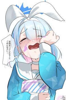 2girls arona_(blue_archive) blue_archive blue_hair blue_halo blue_shirt blush choker closed_eyes colored_inner_hair commentary crying envelope facing_viewer gacha_(game_mechanic) hairband halo highres long_sleeves mira_mira_mira multicolored_hair multiple_girls open_mouth pink_hair pink_streaks plana_(blue_archive) recruitment_(blue_archive) sad sailor_collar shirt short_hair simple_background solo_focus speech_bubble streaming_tears tears translated upper_body white_background white_choker white_hairband white_sailor_collar