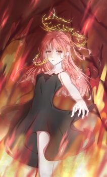 Rule 34 | 1girl, absurdres, bare arms, bare shoulders, black dress, braid, bright pupils, broken halo, cowboy shot, dress, expressionless, eyelashes, fiery background, fire, half up braid, halo, highres, long hair, nikki (nikki), nikki (series), outstretched hand, parted lips, pink eyes, pink hair, ringlets, short dress, single braid, sleeveless, sleeveless dress, solo, spaghetti strap, standing, thighs, thorns, very long hair, white pupils, yanjiujun, yellow halo