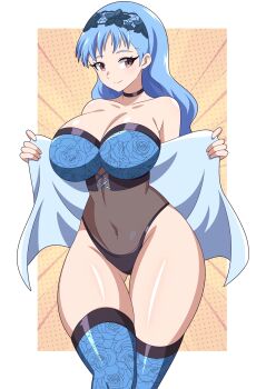 1girl absurdres abysswatchers bare_shoulders blue_hair breasts choker cleavage covered_navel curvy female_focus fire_emblem fire_emblem:_three_houses gluteal_fold highres large_breasts long_hair looking_at_viewer marianne_von_edmund nintendo see-through_clothes skindentation solo thick_thighs thigh_gap thighhighs thighs wide_hips